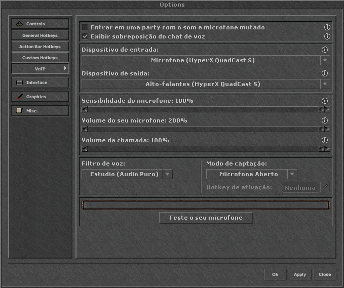Configurações detalhadas de entrada, saída, volume e modo de captação
